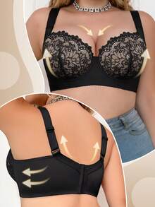 mimilemon Women's Plus Size Floral Lace Underwire Bra, Comfortable Breathable, Push Up Lifting, Widened Shoulder Straps, Wide Bottom Band Full Support - Black and White - View 4