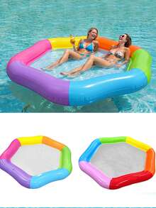 1pc Hexagon Colorful Inflatable Floating Bed Summer Pool Entertainment Double Large Size Thickened Water Float - Multicolor - View 1