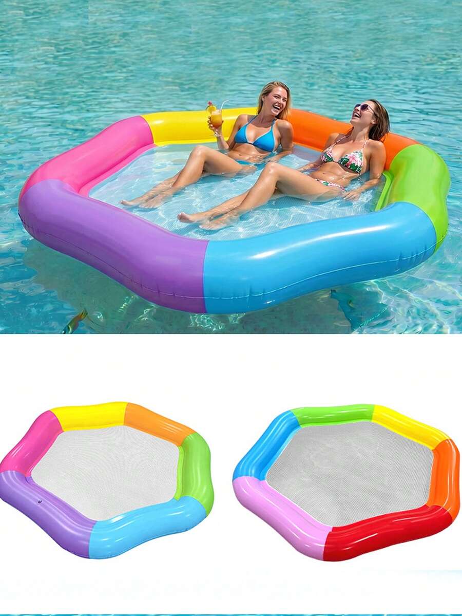 1pc Hexagon Colorful Inflatable Floating Bed Summer Pool Entertainment Double Large Size Thickened Water Float - Multicolor - View 1