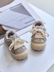 Children's Beige Plaid Athletic Shoes - Soft Non-Slip Sole, Star Detail, Comfortable For Toddler Walking - Beige - View 5