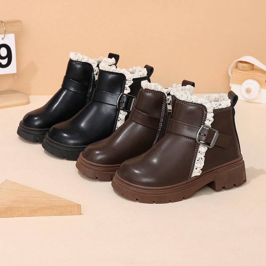 1 Pair Girls' Lace Trim Simple Thick Sole Ankle Boots, Autumn/Winter Vintage Buckle Side Zipper Campus British Style Non-Slip Boots - Pink - View 1
