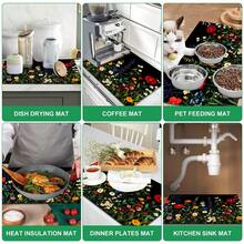 1pc Black Background Colorful Wildflower Print Diatomaceous Earth Kitchen Drain Mat, Absorbent Quick-Drying Non-Slip Coffee Machine Mat, Suitable For Kitchen Countertop, Dining Table And Coffee Corner Decoration - Multicolor - View 8