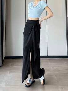 Women's Casual Woven Long Slit Skirt, Zipper Design, Non-Stretch Non-Sheer, Suitable For Daily Wear. - Black - View 4