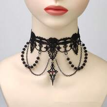Vintage Lolita Lace Choker, Black Bead Multi-Layer Chain Gothic Cross Pendant Necklace - Multicolor - View 5
