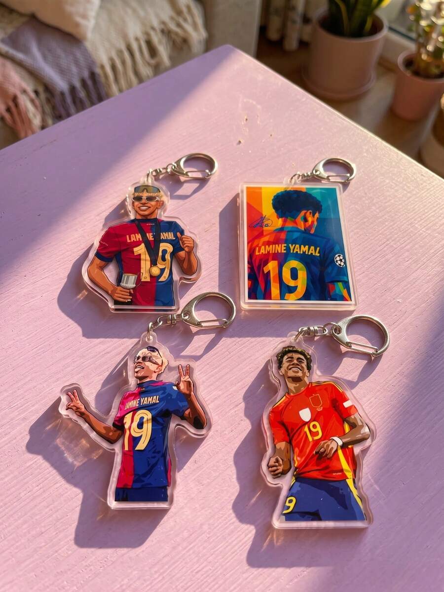 1pc/4pcs Yamal Football Star Themed Acrylic Keyring Packs, Includes Barca And Spain National Team Classic Jerseys And Art Designs, High Transparency Material, Fashionable Bag Charm, Suitable For Back To School, Gift For Football Fans, Exquisite Collection, All Season - Multicolor - View 1