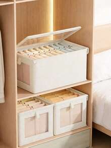 1pc Oxford Cloth Transparent Window Clothes Storage Box With Lid, Portable Fabric Storage Box, Moisture-Proof Underwear Storage Box, Foldable Wardrobe Storage Bin, Suitable For Clothes, Pants, Socks, Underwear - Beige - View 1