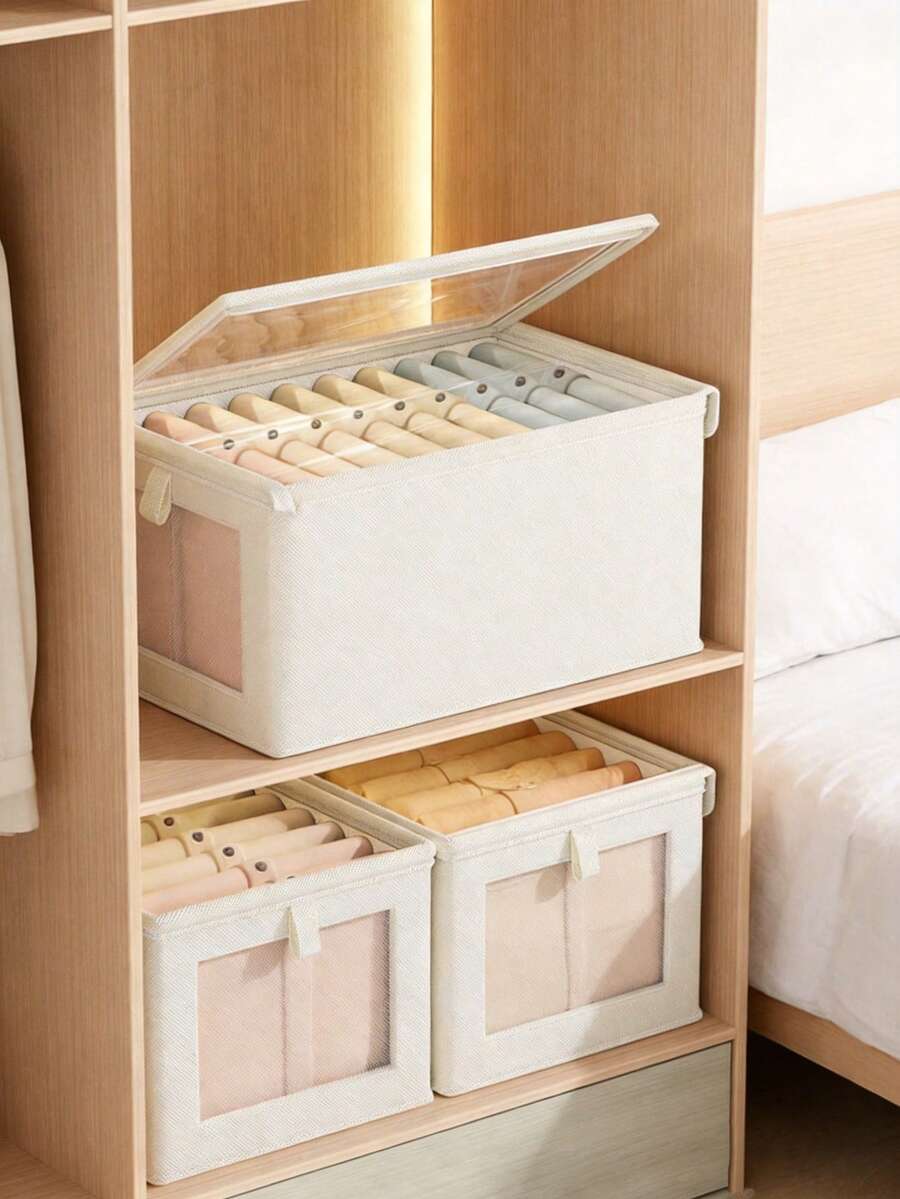 1pc Oxford Cloth Transparent Window Clothes Storage Box With Lid, Portable Fabric Storage Box, Moisture-Proof Underwear Storage Box, Foldable Wardrobe Storage Bin, Suitable For Clothes, Pants, Socks, Underwear - Beige - View 1