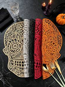 1/4/6 piezas Manteles individuales de PVC con calavera de Halloween y lámina dorada, decoración de hotel y restaurante, resistentes al calor y antideslizantes, manteles de estilo occidental para bodas, fiestas, Halloween, festival de cosecha de otoño, celebraciones festivas, picnics, camping, banquetes de cumpleaños, decoración de mesa de comedor - Multicolor - Ver 1