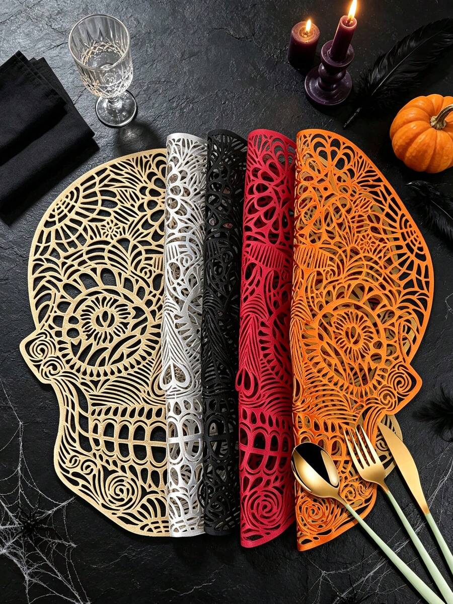1/4/6 piezas Manteles individuales de PVC con calavera de Halloween y lámina dorada, decoración de hotel y restaurante, resistentes al calor y antideslizantes, manteles de estilo occidental para bodas, fiestas, Halloween, festival de cosecha de otoño, celebraciones festivas, picnics, camping, banquetes de cumpleaños, decoración de mesa de comedor - Multicolor - Ver 1