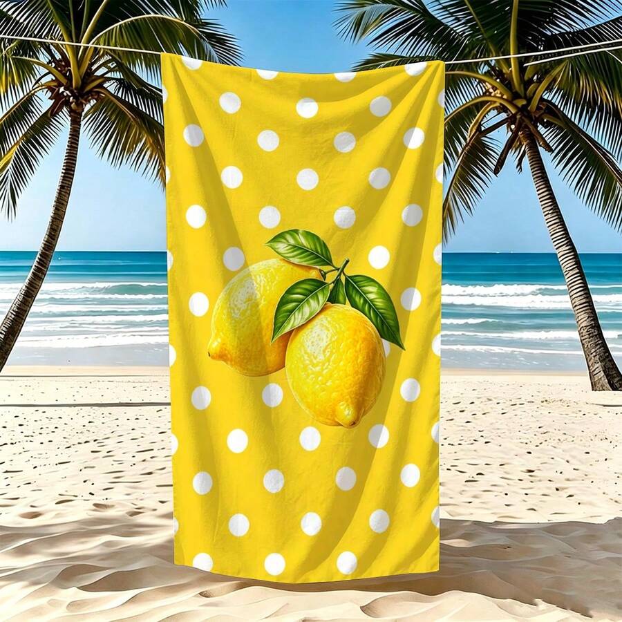 1pc Yellow With White Polka Dot Lemon Microfiber Beach Towel, Soft Absorbent Lightweight Towel, Suitable For Adults And Teens, Perfect For Beach, Travel And Swimming Beach Blanket - Multicolor - View 1