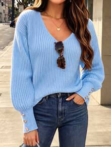 Women's All-Match Loose V-Neck Button Sweater, Casual Versatile Lightweight Ribbed Knit Pullover, Blue, Suitable For 15-25°C Weather - Baby Blue - View 3