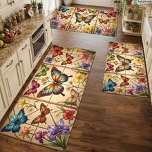 Kitchen Floor Mats With Vibrant Butterflies& Assorted Flowers Pattern, Decorative Kitchen Rugs Kitchen, Entryway, Porch, Bedroom, Living Room, Home Use Vibrant Butterflies And Assorted Flowers In A Tiled Decorative - Multicolor - View 6