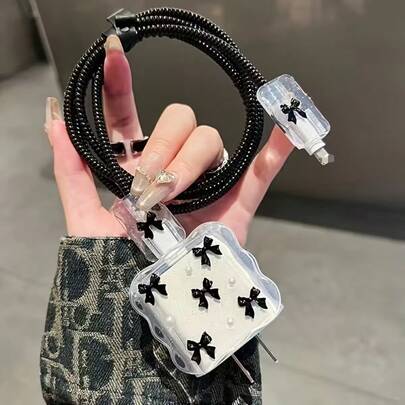 Black Bow Knot Pattern Epoxy Data Cable Protector Compatible With Apple Fast Charging 18/20W Charger, Minimalist Anti-Breakage, Gift Essential, Premium Feel, Extends Cable Lifespan, Pet Bite Protection, For Boyfriend/Girlfriend/Best Friend