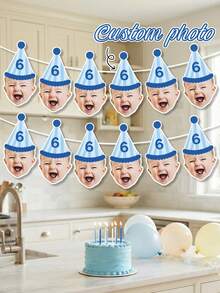Custom Baby Photo Birthday Banner,Blue Stripe Party Hat Garland,First Birthday Party Supplies,One Year Old Baby Shower,Nursery Decor,Family Keepsake - Multicolor - View 2