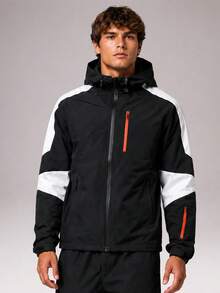 CZRLHYT Men's Hooded Zip-Up Jacket, Two-Tone Color Block Design, Zipper Pocket On Chest, Streetwear Outdoor Sports Jacket - Black and White - View 4