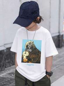 Boys Graphic T-Shirt With Capybara Print And Text, Short Sleeve Crew Neck Top - White - View 2