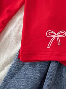 Autumn/Winter Cute Red American Style Bow Long Sleeve Round Neck Top & Ribbon Bow Denim Pleated Skirt Commuter Chic Set - Red - View 8