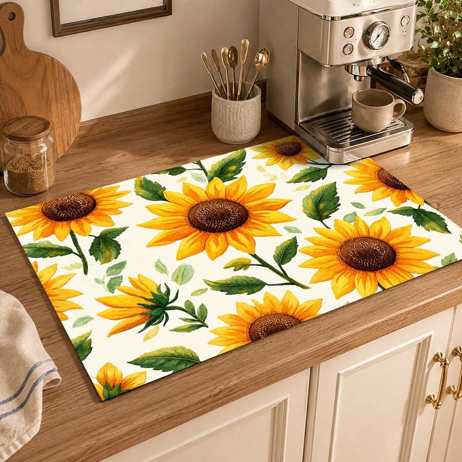 1pc Sunflower Print Kitchen Countertop Mat, Absorbent Quick-Drying Non-Slip Diatom Mud Drain Mat, Coffee Machine Mat, Dish Drying Mat, Country Style Kitchen Decor - Multicolor - View 1