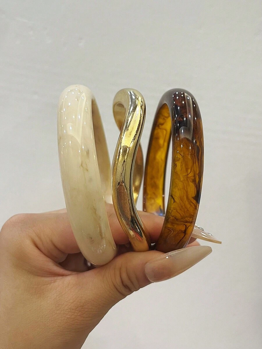 3件組時尚復古厚款多色不對稱壓克力手環套組,適合女性日常配戴,送給朋友與家人的禮物 - 彩色 - 查看 1