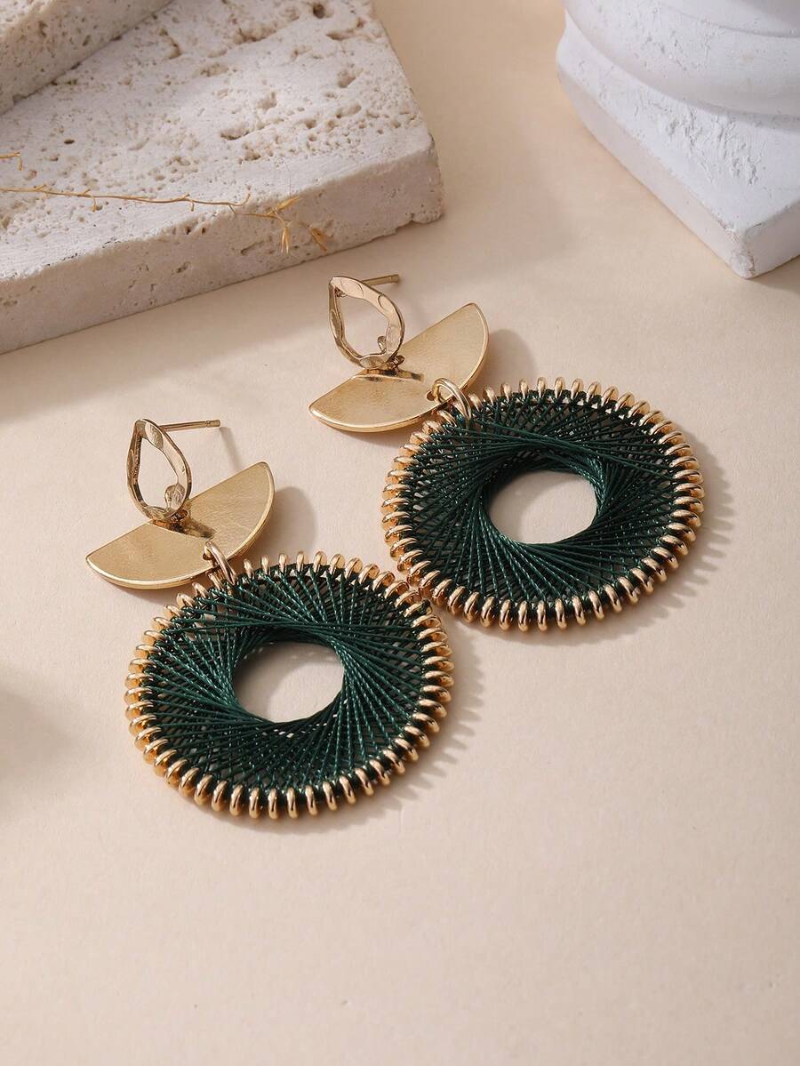 1 Pair INS Mori Style Deep Green Spider Web Woven Circle Earrings, Luxury Beach Vacation High-End Geometric Hollow Dangle Earrings For Women, Suitable For Beach Holiday, Spring/Summer Lawn Picnic Camping, Daily Office Commute, Island Pastoral Travel Photography, Elegant Casual Date