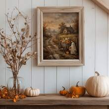 1pc Frameless Rustic Halloween Ghost & Pumpkin Wagon Fall Sunset Wall Art Print, Spooky Farmhouse Decor For Dorm, Bedroom, Party Gift - Pumpkin - View 1