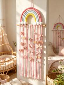 Woven Rainbow Hair Clip Wall Storage Decor, Tassel Hair Accessory Storage Rack, Girls Nursery Wall Hanging Bow Storage Rack - Multicolor - View 7