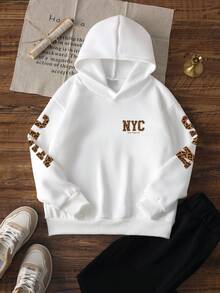1pc Tween Girl NYC Leopard Print Letter Hooded Sweatshirt, American Vintage White Loose Fit Casual Pullover Sweatshirt For Spring And Autumn - White - View 5