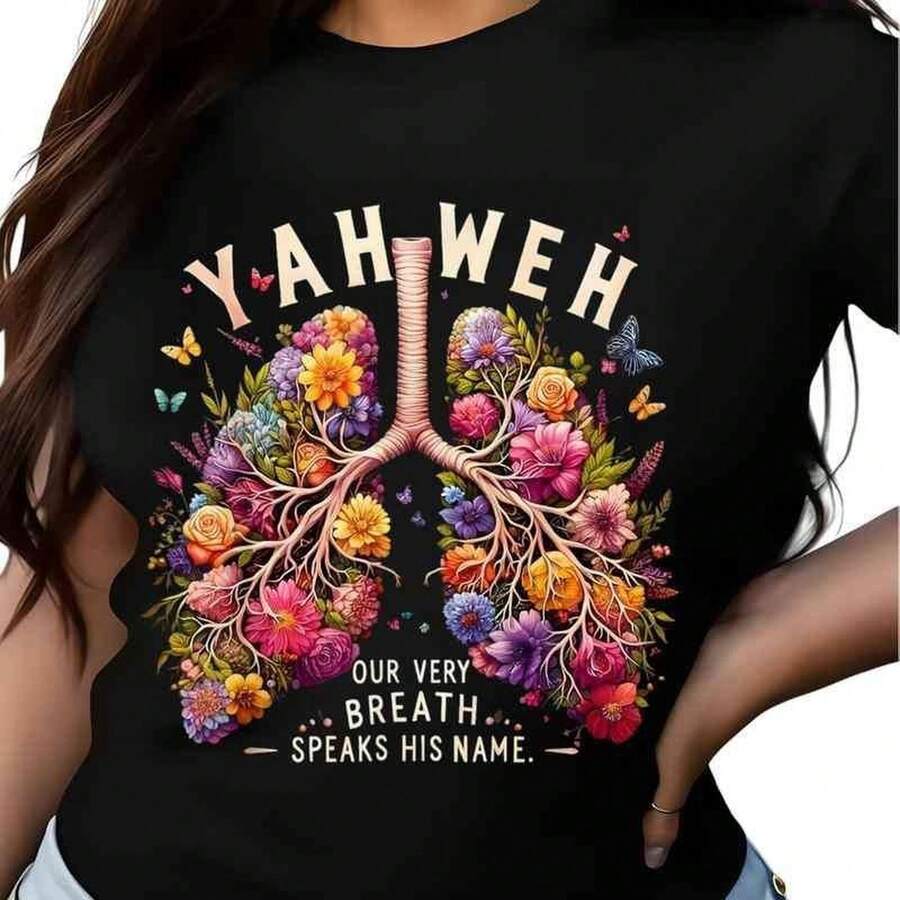 Yahweh Floral Lungs T-Shirt - Christian Faith Shirt With Bible Quote, Religiousmit Einem Retro Y2K Street Style. This Unisex Top Is For All J - Black - View 1