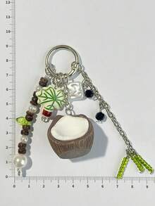 1Pc Coconut Keychain,Tropical Themed Pendant,Multi Bead Charms,Metal Key Ring,Bag Hanging Decor,Car Key Ornament,Handmade Tassel Accessory - Multicolor - View 4