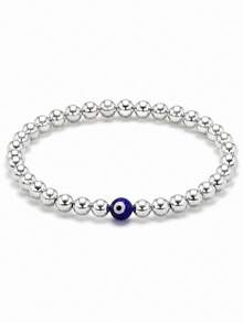 Evil Eye Lucky Protection Bracelet, Silver Beaded, Adjustable Elastic Cord, Minimalist Design, Gift For Mom, Grandma, Daughter, Sister - Suitable For Daily Occasions, All Seasons, Daily Wear Bracelet | Minimalist Bracelet | Elastic Bracelet - Black - View 9