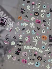1pc 5D Luminous Effect Halloween Nail Stickers Skull Ghost Pumpkin Bat Self Adhesive Nail Art Decals - Multicolor - View 4