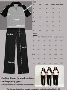 Women's New Spring/Autumn 2-Piece Set: Turn Collar Half-Zip Colorblock Short Sleeve Top And Casual Daily Elastic Waist Loose Solid Color Long Black - Black - View 6