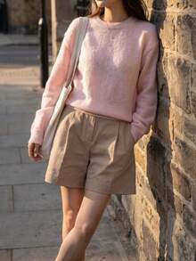 Cherry Blossom Pink Soft Fluffy Crew Neck Sweater, Loose Drop Shoulder Fit + Ribbed Hem, Autumn/Winter Gentle Style Slimming Versatile Skin-Friendly Knit Top - Pink - View 5