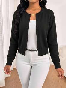 SHEIN Lady Women Casual Solid Color Crew Neck Long Sleeve Loose Cropped Black Cardigan Women Winter Coat Fall - Black - View 5
