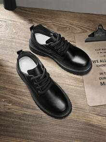 Men's Vintage Workwear Style Thick Sole Boots, Lace-Up PU Leather Material, Campus Back To School Season Outdoor Casual Versatile Boots - Black - View 4