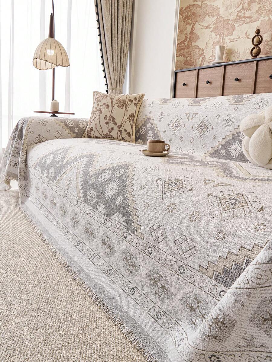 1pc New Chenille Bohemian Style Sofa Cover, 1234-Seater Sofa Throw, Pet-Proof, Modern Style, Full Coverage Cushion, All-Season Universal, Furniture Dust-Proof Cover - Light Grey - View 1