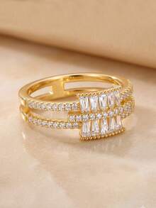 Gift Box Style Luxurious Sparkling Fully Pave Cubic Zirconia Ring, Shining Geometric Jewelry, Suitable For Women's Wedding Party And Holiday Gift - Gold - View 11