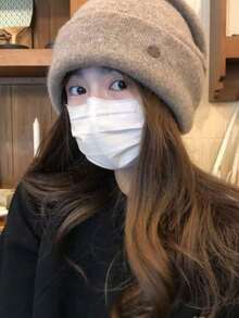 1pc Fashion Soft Round Badge Knit Hat, Autumn/Winter Knit Hat, Winter Clothing Matching Recommended Gift, Winter Warm Ear Protection Woolen Hat Cold Hat Suitable For Daily Use, Knit Hat, Beanie - Round Label - View 4