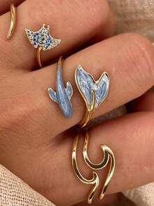 3pcs/Set Ocean Style Dolphin Tail Rings, Geometric Asymmetrical Women's Fashion Personalized Ring Set, Suitable For Beach Vacation Party - Gold - View 5