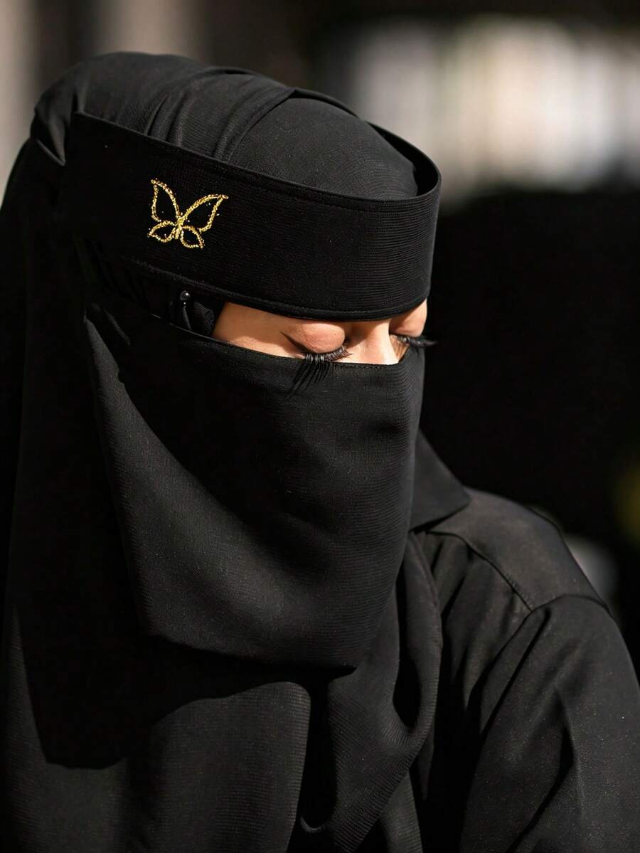 1PC Women's Butterfly Gold-Sprinkled Solid Color Niqab, Lightweight Breathable Tie-Up Veil, Traditional Muslim Face Veil