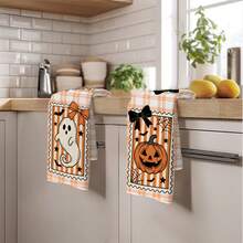 2PCS Kitchen Towels Orange & White Plaid Stamp Little Ghost Pumpkin Design Print 40*60cm Autumn Theme Rectangular Microfiber Kitchen Towels, Dish Cloths, Tablecloths, Hand Towels, Kitchen Decor, Home Decor, Housewarming Gift For Neighbors, Perfect For Kitchen & Bathroom Use, Suitable For Housewives And Family Gatherings, High Cost-Performance, Household Essential - Orange - View 10