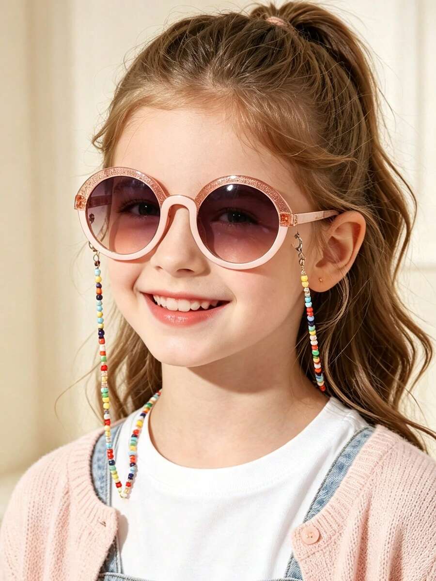 1 Set 1pc Kids 5-9 Years Old Glitter Round Frame Fashion Glasses, Lightweight PC Frame Gradient Lenses, Comes With 1 Cute Glasses Chain, Suitable For Beach Party, With Glasses Case - Multicolor - View 1