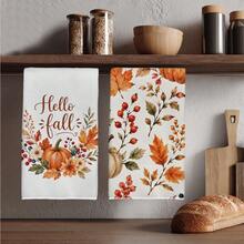 2件組廚房毛巾 秋季 Hello Fall 南瓜花環圖案印花 40*60cm 簡約風格長方形超細纖維廚房毛巾、洗碗布、桌布、手巾，感恩節廚房裝飾、家居裝飾、鄰居喬遷禮物，適用於廚房與浴室使用，適合家庭主婦與家庭聚會禮物，居家必需品 - 彩色 - 查看 6
