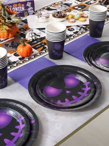 10/24-Piece Disposable Paper Tableware Set,Including 7/9-Inch Paper Plates,Paper Cups, And Napkins,Featuring A Gradient Purple Pumpkin Face Lantern Design.Suitable For Halloween Dark Gothic-Themed Parties,Evening Gatherings,And Festive Decorations - Purple Scary  Face - View 5