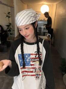 Women's Autumn New 1pc Petite Cartoon Print Versatile Casual Daily College Style Patchwork Long Sleeve Crew Neck Korean Style Top White - White - View 1