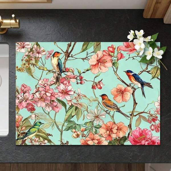 1pc Dish Drying Mat, Coffee Machine Mat, Vintage Watercolor Floral & Bird Pattern Dish Drying Mat, Soft & Absorbent Tabletop Protector, Spring Garden Style Non-Slip Mat, Suitable For Kitchen Countertop & Dining Table Decor, Romantic & Fresh Holiday Dish Drainage Mat, Multi-Purpose Desktop Absorbent Drying Mat, Room Tabletop Protector, Holiday Gift, Kitchen Decoration