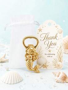 30pcs/10sets Gold Metal Mermaid Bottle Opener Party Favors, Includes Thank You Cards And Organza Bags, Under The Sea Theme Baby Shower Guest Gifts - Ocean - View 5