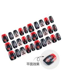 30片短方型穿戴式假指甲，黑色假指甲配紅色滴落、蝙蝠與紅玫瑰印花，可重複使用套裝含果凍膠貼片與指甲锉，萬聖節設計，適合日常、節日、派對與舞會使用 - 彩色 - 查看 2