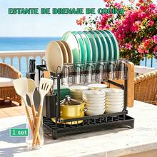 LÈRFM [MXBTG]Rejilla de drenaje para encimera de cocina con escurridor, rejilla grande para verduras de 2 niveles y juego de escurridor con escurridor para cubiertos, rejilla para platos sobre el fregadero, rejilla para platos pequeña, rejilla para platos de 2 niveles con escurridor. negro - S - Ver 9