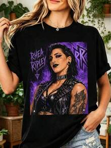 Rhea Ripley Purple Art Portrait T-Shirt, 100%,  Gothic Vintage Tee - 黑色 - 查看 8